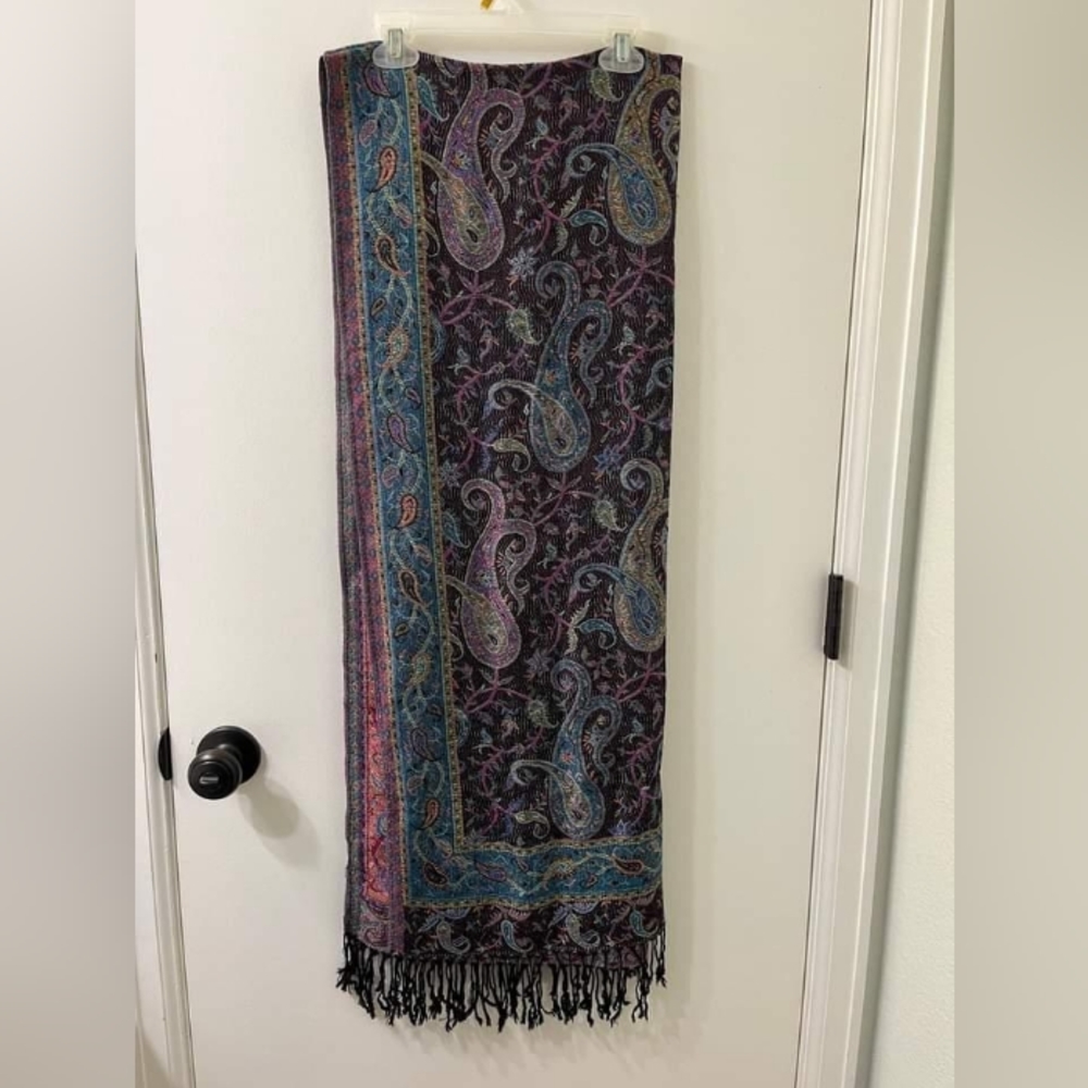 100% Cashmere Pashmina Scarf Wrap Purple Paisley Like New Condition with Fringe - Picture 1 of 3